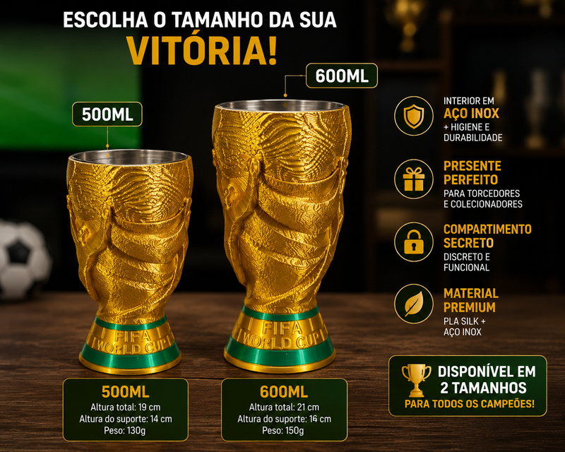 🇧🇷 Copo Taça do Mundo 500ml e 600ml – Interior em Inox + Compartimento Secreto