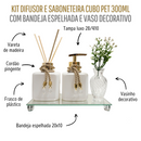 Kit Aromatizador e Saboneteira Pet Branco 300ml Com Bandeja Espelhada e Vaso Decorativo Lavabo