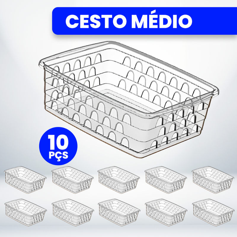 Kit com 10 Cestos Organizadores Multiuso Transparente 20x15,5x6,5 Médio