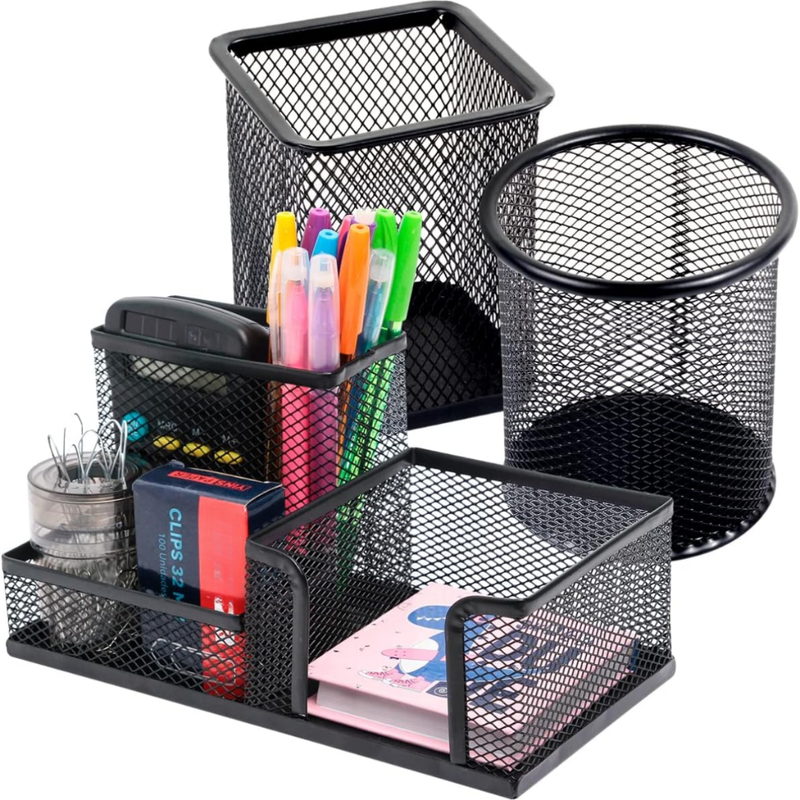 Kit 3 Porta Caneta Organizador de Mesa Escritório 5 Compartimentos Metal Aramado C/ Divisórias Para Lápis Treco Borracha