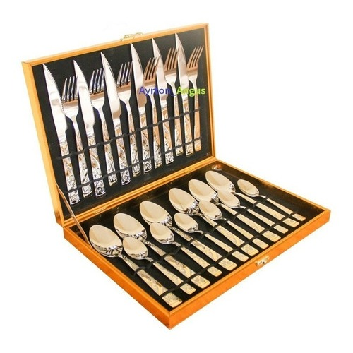 ✨ Jogo de Faqueiro Inox 24 Peças com Detalhes Dourados/Prata + Maleta