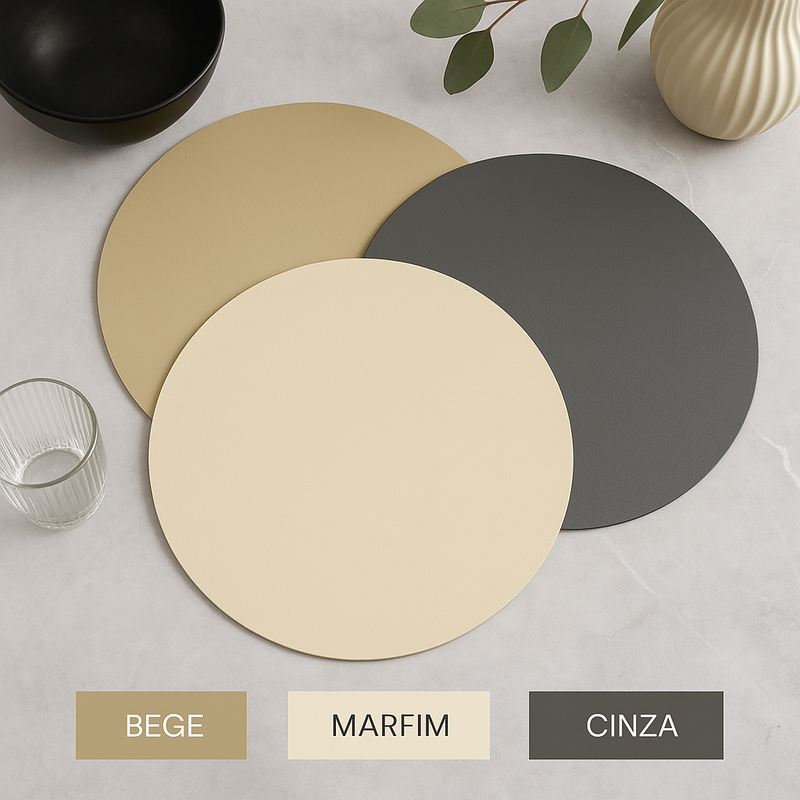 Jogo Americano Sousplat Redondo Luxo Couro 38cm Bege Marfim Cinza Mesa Posta 4, 6, 8, 10, 12 Lugares