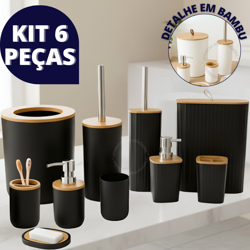 Kit Banheiro Completo Lixeira C/ Tampa Detalhes Em Bambu Luxo