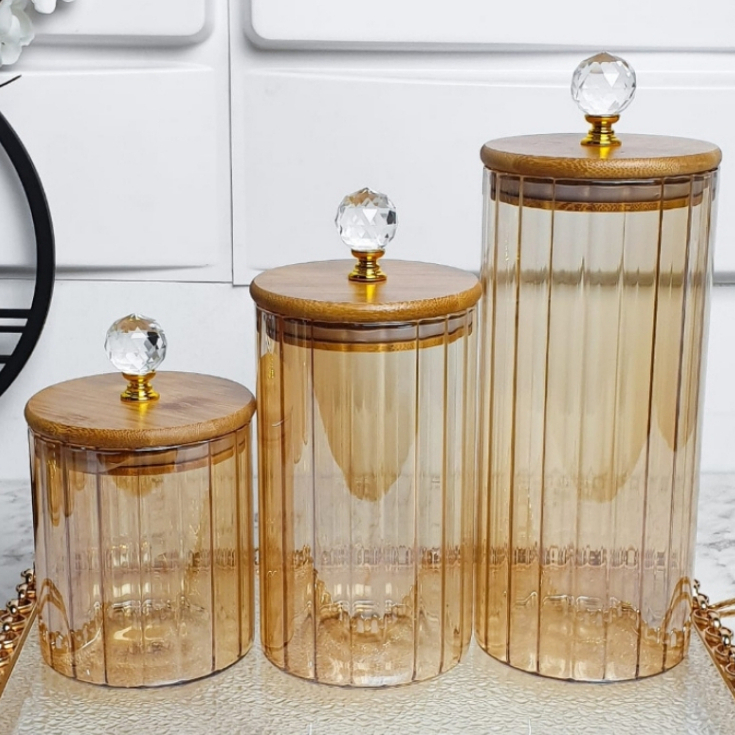 Kit Potes Vidro CANELADO ÂMBAR CRISTAL Porta Mantimentos cozinha Tampa Bambu Cristal PMG porta tempero
