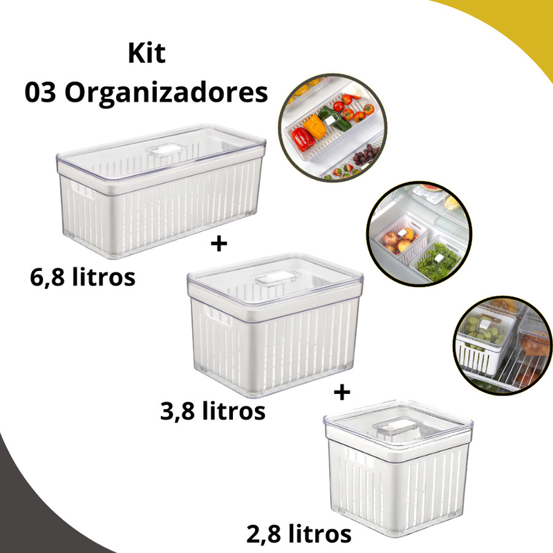 Kit 3 Organizadores de Geladeira 6,8 + 3,8 + 2,8 Litros Com Cesto - Plastutti